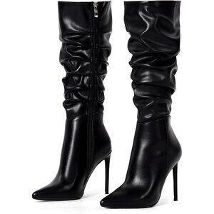 Women's Black-Pu Suede Knee High Side Zipper Pointed Toe Stylish Dress Boot